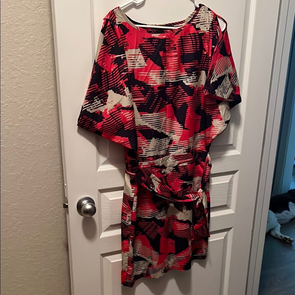 Outback Red Asymmetrical Cold Shoulder Dress in Red and Navy